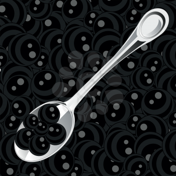 Vector illustration of the decorative background of the black roe of fish and spoon