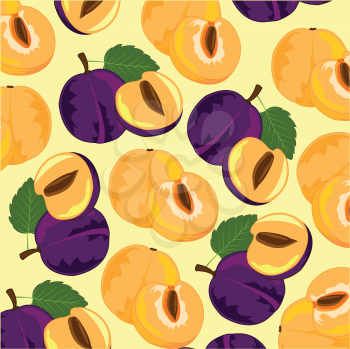 Decorative background from ripe fruit plum on yellow background is insulated