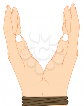 Vector illustration of the hands of the person bound by rope