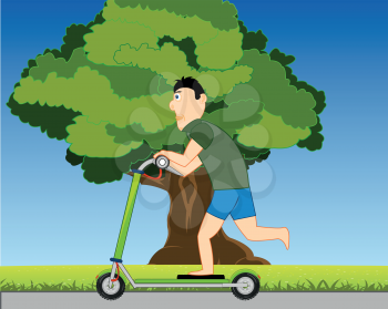 Vector illustration of the young person riding on scooter on background of the nature