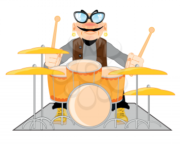 Cartoon men musician bespectacled playing on music tools drum