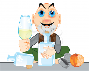 Drunkard with bottle and pile on white background is insulated