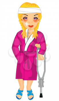 Vector illustration of the young girl with bandaged head with crutch