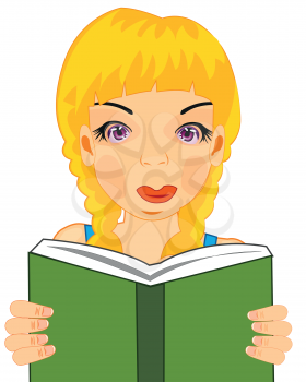 Blond girl reads book on white background is insulated