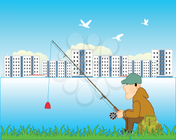 Vector illustration of the fisherman with fishing rod on river
