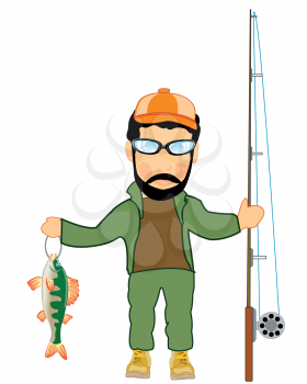 Man fisherman with catch and cordage on white background is insulated