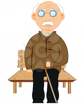 Elderly man sitting on wooden bench on white background is insulated