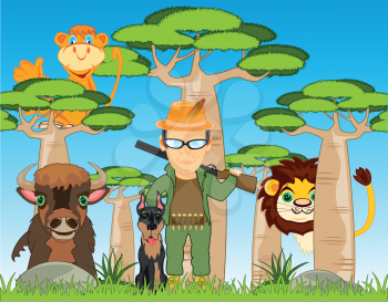 Cartoon of the huntsman with weapon and dog in wood with wildlifes