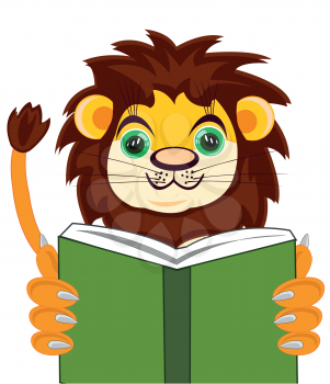 Wildlife lion with book on white background is insulated