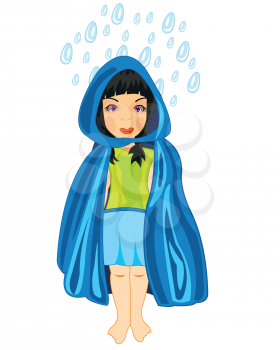 Making look younger girl in turn blue raincoat under rain