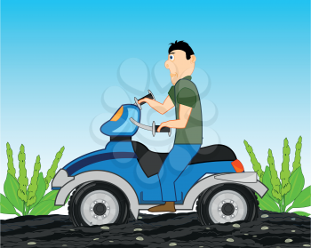 Vector illustration of the young person on bike rides riding on dirt