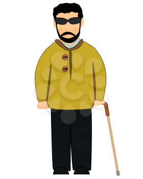 Blind man with walking stick on white background is insulated