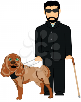 Blind man with dog by guide and walking stick on white background is insulated