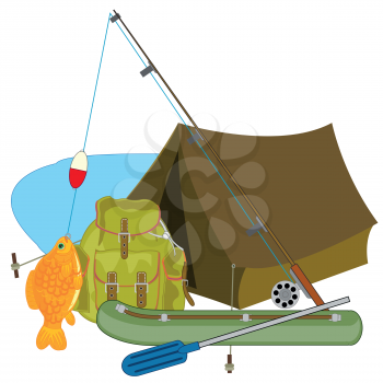 Fishing and equipment for it on white background is insulated