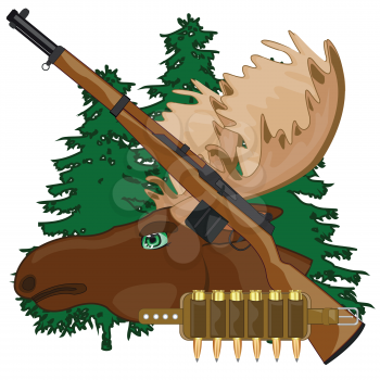 Symbols of the hunt weapon with patron and head moose with horn