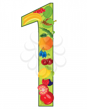 Numeral one and fruits with vegetable on white background is insulated