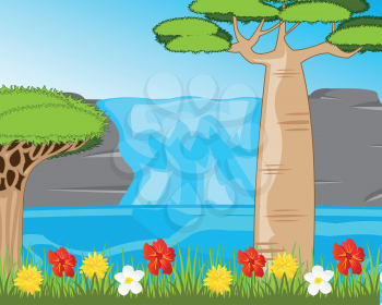 Vector illustration of the landscape of the waterfall and flowering meadow