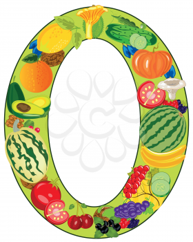 Decorative zero in the manner of vegetables and fruit on white background is insulated