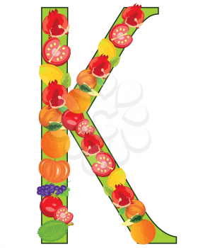 English decorative letter alphabet K from fruit on white background is insulated