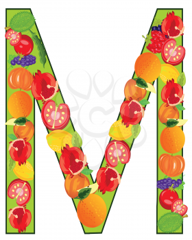 Vector illustration of the letter M english of the alphabet from vegetables and fruit