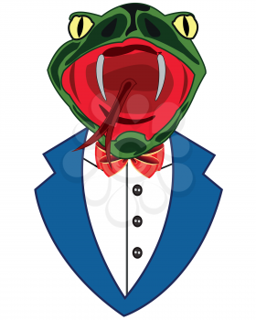 Vector illustration of the cartoon of the head snake in fashionable suit