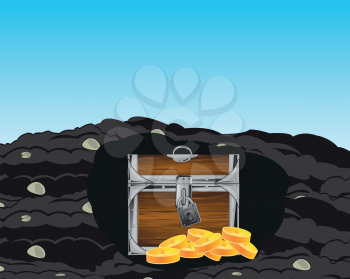 Vector illustration of the coffer with bonanza of the golden coins hidden in ground