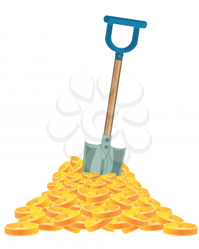 Big heap of the coins from gild and worker tool shovel