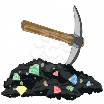 Vector illustration worker tools pickax and heaps of ground with jewels