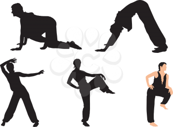 Royalty Free Clipart Image of a Silhouettes of Gymnasts Stretching on a White Background