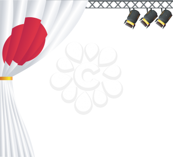 Royalty Free Clipart Image of a Stage With Stage Lights And a Curtain With a Red Circle