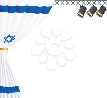 Royalty Free Clipart Image of a Theatre Stage with Overhead Lamps and a Curtain with Colours of Israel