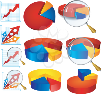 Royalty Free Clipart Image of Colourful Diagrams Pertaining to Business Growth With Magnifying Glasses