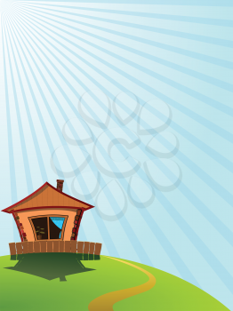 Royalty Free Clipart Image of a House on a Hill in the Sunshine