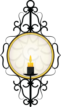 Royalty Free Clipart Image of a Wall Mounted Mirror Decorated With a Burning Candle and Wrought Iron Design