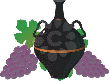Royalty Free Clipart Image of an Amphora Surrounded By Purple Grapes and Green Shamrock Shaped Leaves