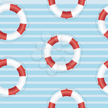 Royalty Free Clipart Image of Life Preserver Icons on a Blue Striped Background