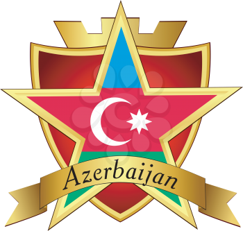 Royalty Free Clipart Image of a Gold Star to the Flag of Azerbaijan on the Background of the Shield