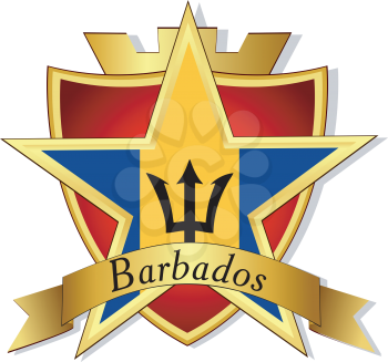 Royalty Free Clipart Image of a Gold Star on the Flag of Barbados on the Background of a Shield 