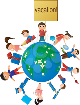 Royalty Free Clipart Image of a Children Surrounding a Globe, with one Child Holding a Vacation Sign
