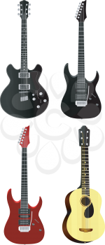 Royalty Free Clipart Image of a Variety of Electric and Acoustic Guitars