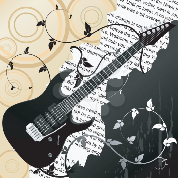 Royalty Free Clipart Image of an Abstract Background With an Electric Guitar and Lyrics to a Song