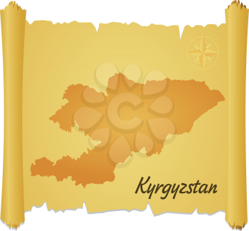 Royalty Free Clipart Image of a Parchment with a Map of Kyrgyzstan
