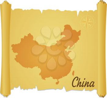 Royalty Free Clipart Image of a Parchment With a silhouette of China