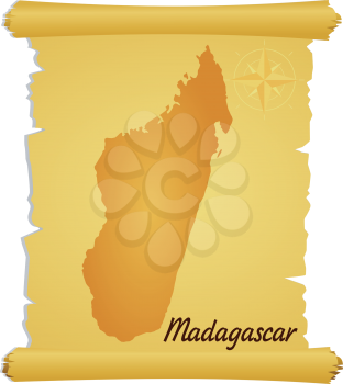 Royalty Free Clipart Image of a Parchment With a Silhouette of Madagascar