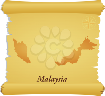 Royalty Free Clipart Image of a Parchment With a Silhouette of Malaysia