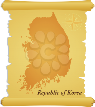 Royalty Free Clipart Image of a Parchment With a Silhouette of the Republic of Korea