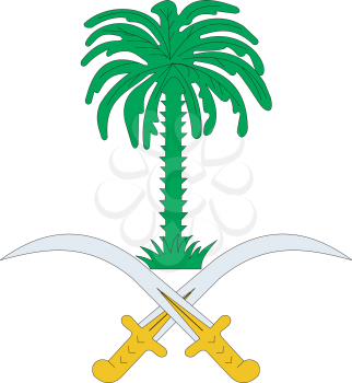 Royalty Free Clipart Image of a Palm Tree and Two Crossed Swords on a White Background