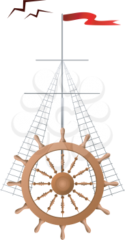 Royalty Free Clipart Image of a Wheel of a Ship With a Red Flag and Birds Flying Above