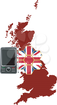 Royalty Free Clipart Image of a Communications Device on a Background of a Map With a Symbol of United Kingdom