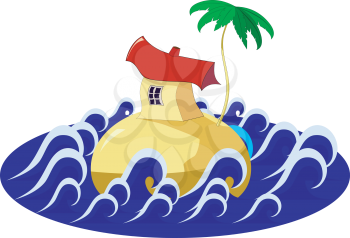 Royalty Free Clipart Image of an Island With a House and Palm Trees in The Center of the Ocean
